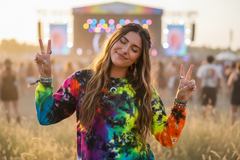 female wearing a Black Rainbow Splat Long Sleeve Tie Dye T Shirt at a festival 