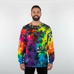 male model wearing Black Rainbow Splat Long Sleeve Tie Dye T Shirt