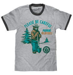Smokey Bear Please Be Careful Prevent Wildfires Ringer T-Shirt - Gray and Black