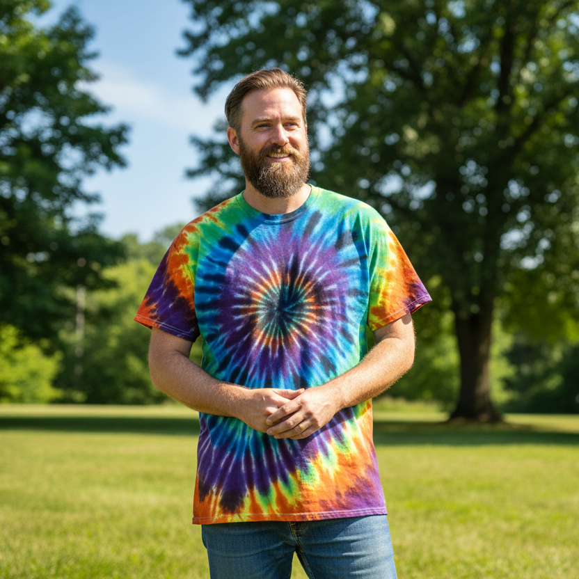 Man wearing a Black Rainbow Whirlpool Tie Dye T Shirt standing in a park with trees and grass in the background