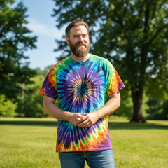Man wearing a Black Rainbow Whirlpool Tie Dye T Shirt standing in a park with trees and grass in the background