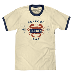 Old  Bay Seafood Bar Lobster Logo Ringer T-Shirt - Beige and Navy