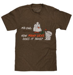 Mr Owl How Many Licks Does It Take Tootsie Roll Pop Candy T-Shirt - Heather Brown