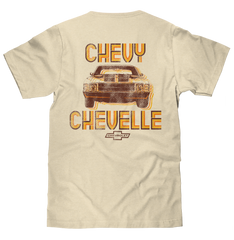 Chevy Chevelle Chevrolet Left Chest Front and Back Print Classic Car T-Shirt - Cream