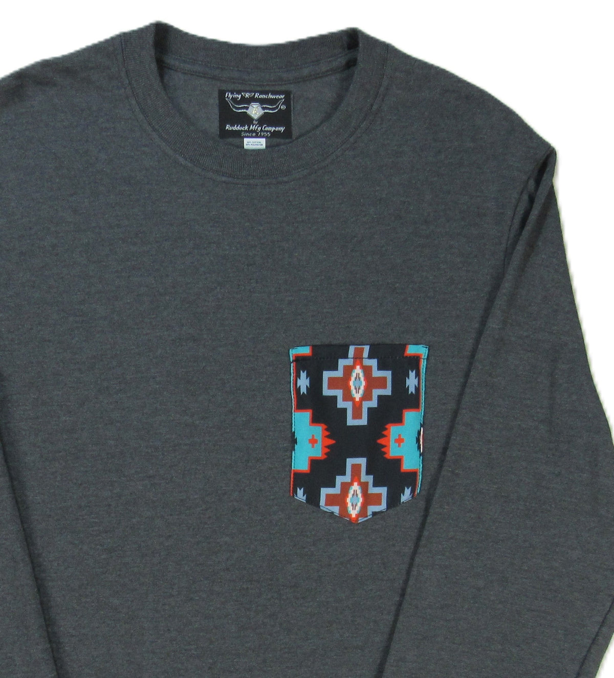 Flying R Ranchwear - Gray Heather with Southwest Print - Long Sleeve - Pocket T-shirt - Made in USA