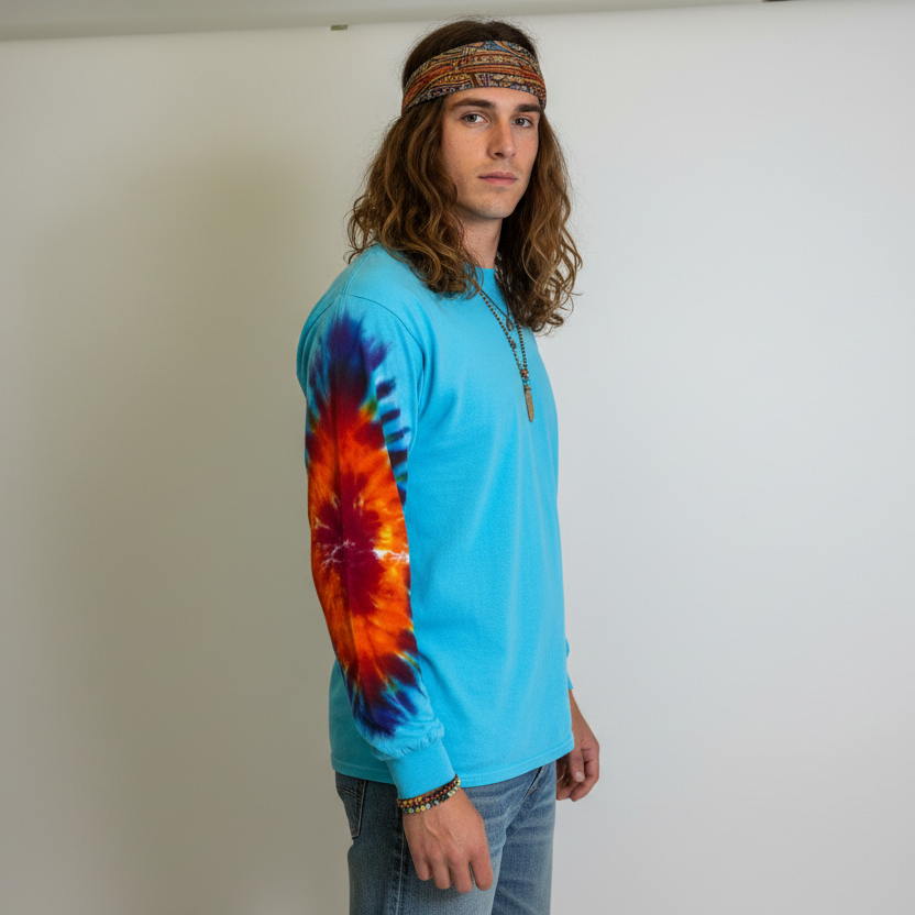 Person wearing a blue long-sleeve shirt with tie-dye sleeves against a plain background